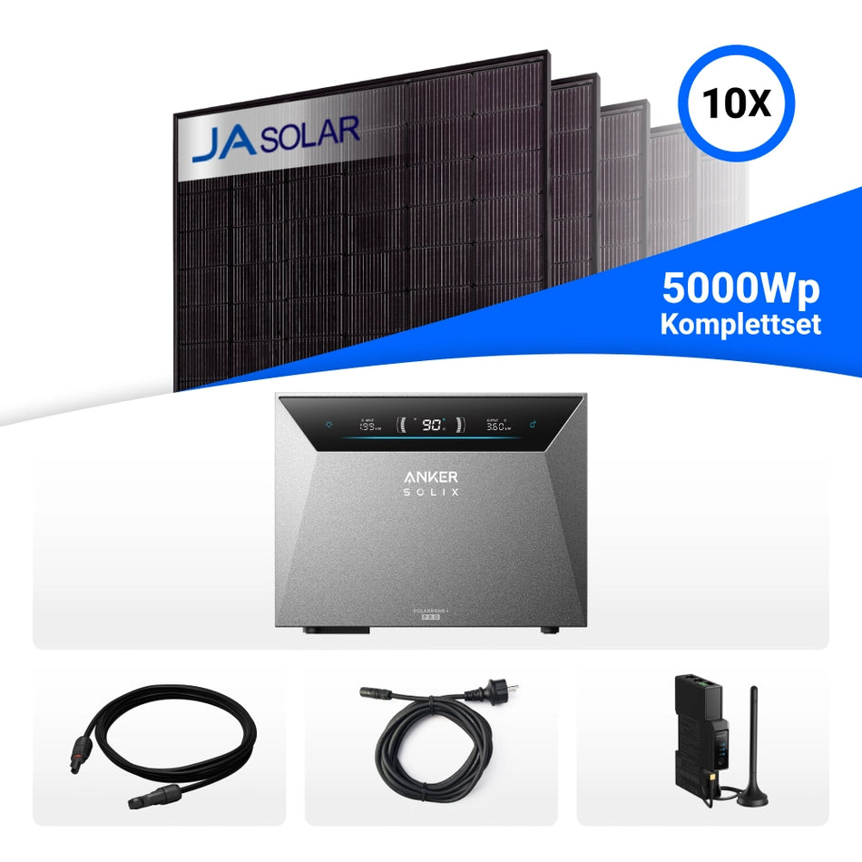5000W Solarkraftwerk mit Speicher - 10x JA Solar 500W Full Black bifazial & Anker Solix Solarbank 4 Pro