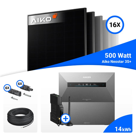 Ausstattung und Lieferumfang von 8000W Solarkraftwerk mit Speicher - 16x AIKO 500W Full Black bifazial & Anker Solix Max AE111