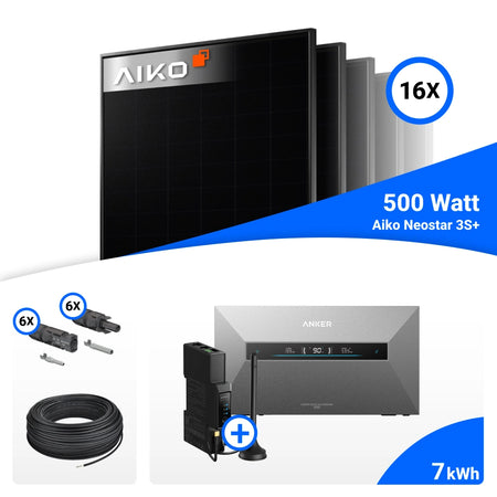 Packungsinhalt im Detail für 8000W Solarkraftwerk mit Speicher - 16x AIKO 500W Full Black bifazial & Anker Solix Max AE111