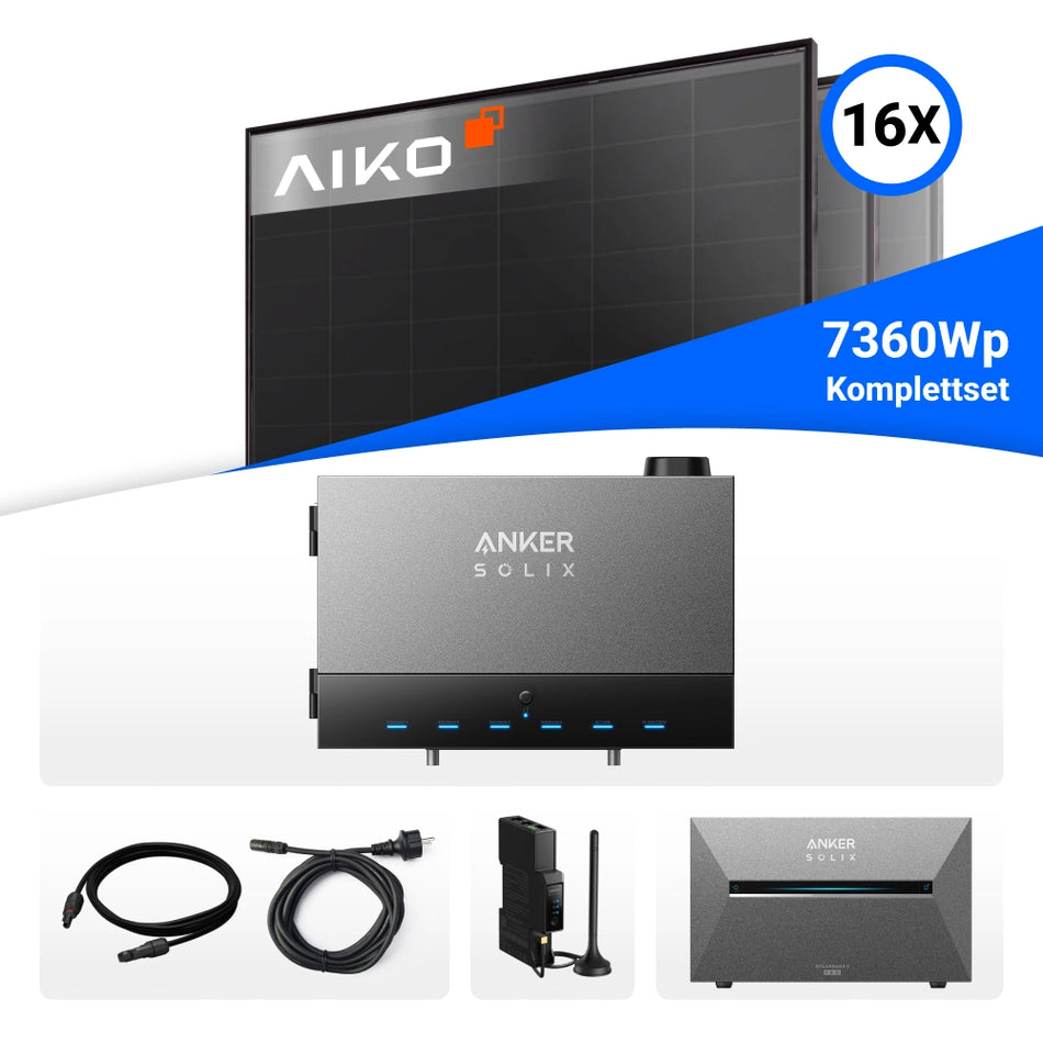 7360W Anker Solix Power Dock PV-Komplettset – 16x AIKO Solar 460W Glas-Glas Full Black & Anker Solix Solarbank 3 Pro