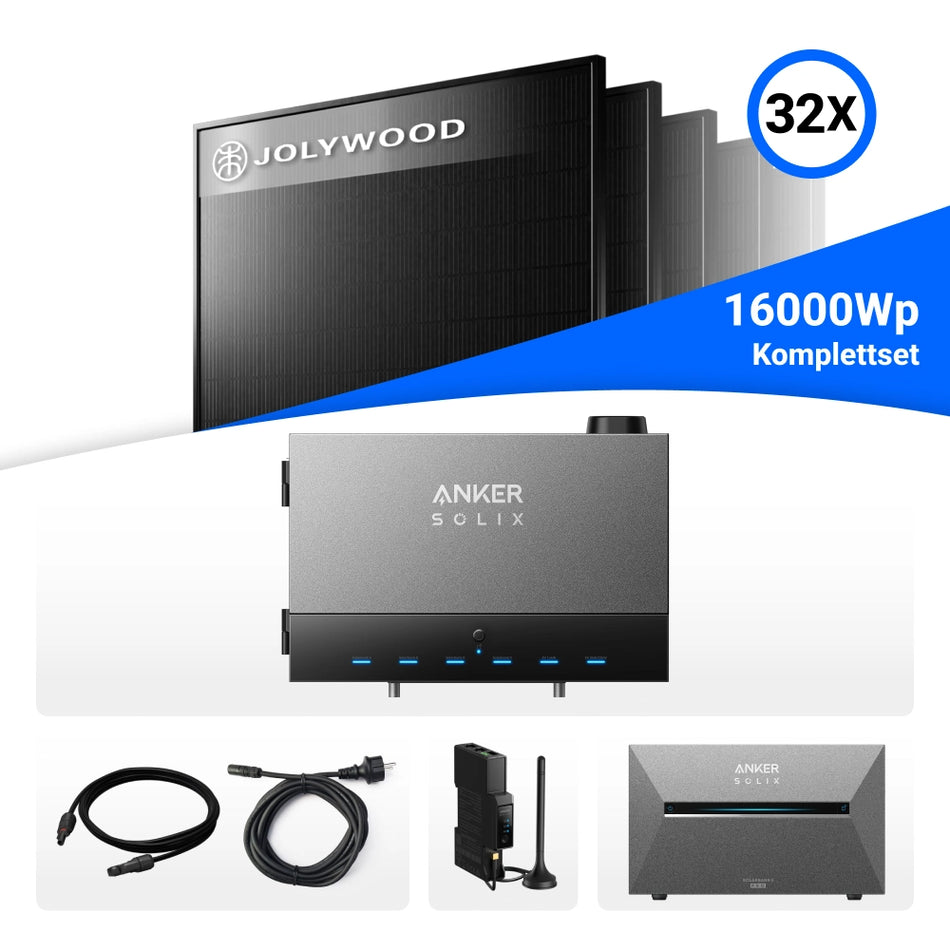 16kW Anker Solix Power Dock PV-Komplettset – 32x Jolywood 500W Bifazial Glas-Glas Full Black & Anker Solix Solarbank 3 Pro