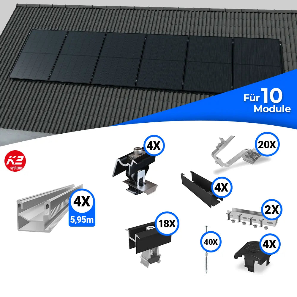 Montageset von K2 Systems für die vertikale Befestigung von Solarmodulen auf Schrägdächern. Enthält Schienen, Dachhaken, Klemmen, Abdeckleisten, Schrauben und weiteres Zubehör für eine sichere und langlebige Montage von zehn PV-Modulen.