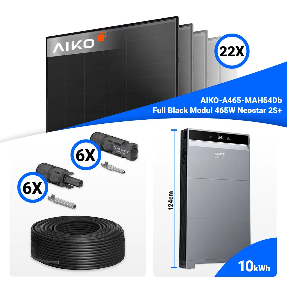 PV Komplettset 10 kWp mit 22x AIKO 465W Full Black Modulen & Anker SOLIX X1-H10K-T Hybridwechselrichter – Speicher optional