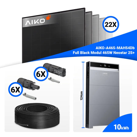 PV Komplettset 10 kWp mit 22x AIKO 465W Full Black Modulen & Anker SOLIX X1-H10K-T Hybridwechselrichter – Speicher optional