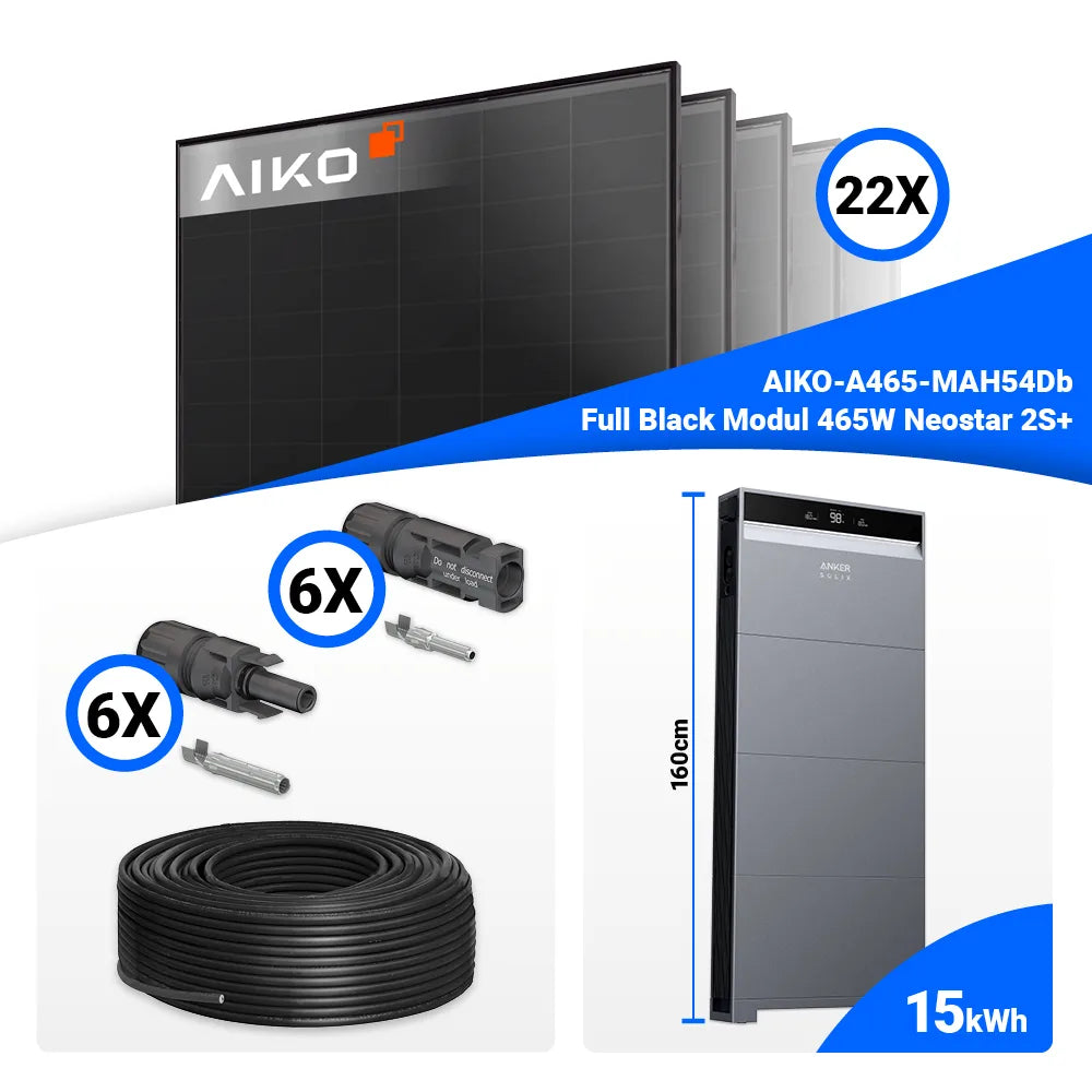 10 kWp Photovoltaik Komplettanlage: 22 AIKO 465W Full Black + Anker SOLIX X1-H10K-T – Batteriespeicher nachrüstbar