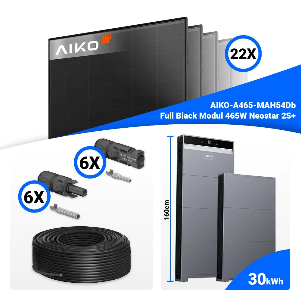 Photovoltaik Komplettpaket 10 kWp: 22x AIKO 465W Full Black Solarpanels + Anker SOLIX X1-H10K-T – erweiterbar mit Speicher