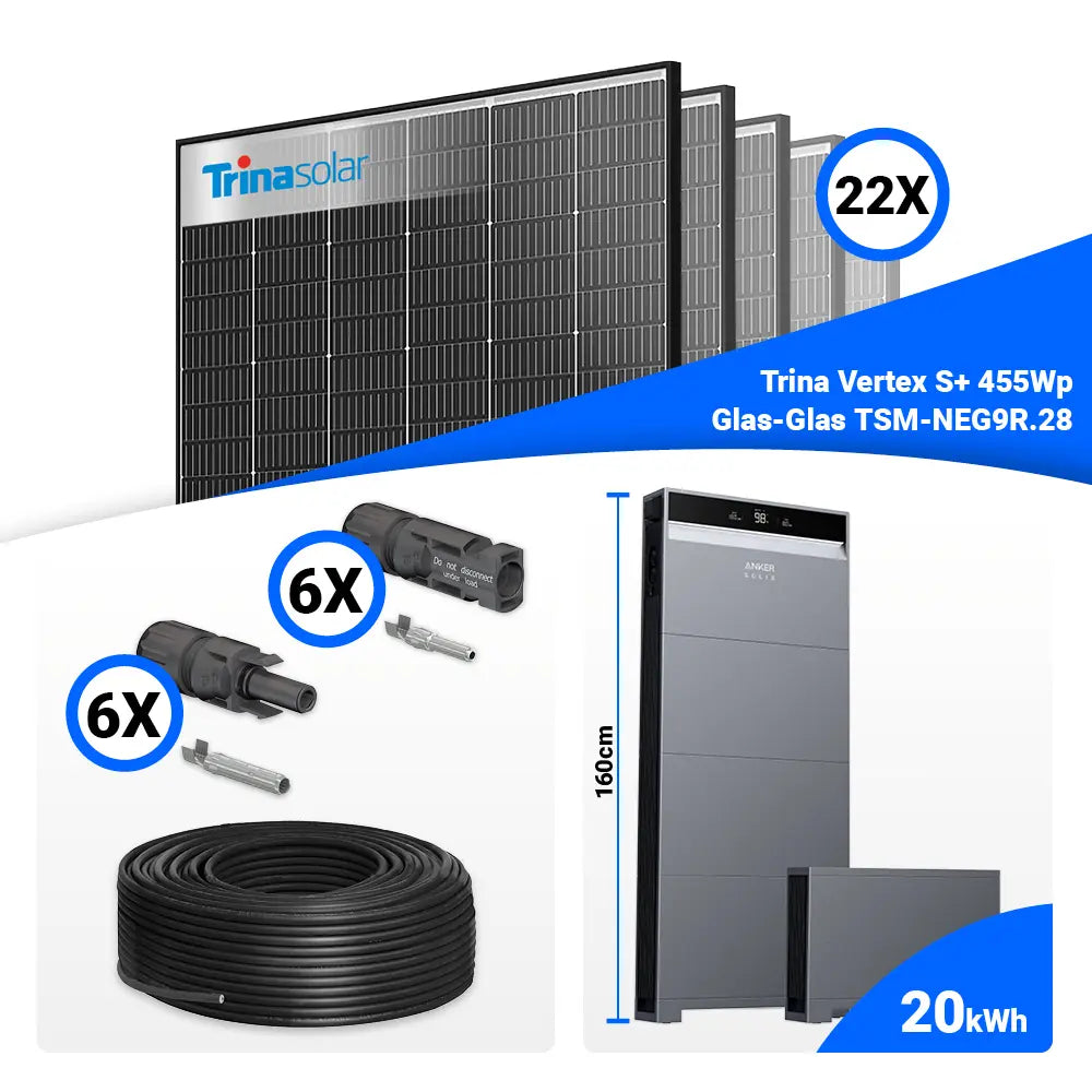 Solaranlage Komplettset 10 kWp für Eigenverbrauch: 22x Trina 455W Black Frame Solarmodule & Anker SOLIX X1-H10K-T – Speicheroption
