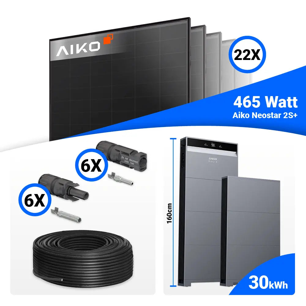 10 kWp PV Komplettset für maximale Autarkie mit 22x AIKO 465W, Anker SOLIX X1-H10K-T und 30 kWh Speicherblock