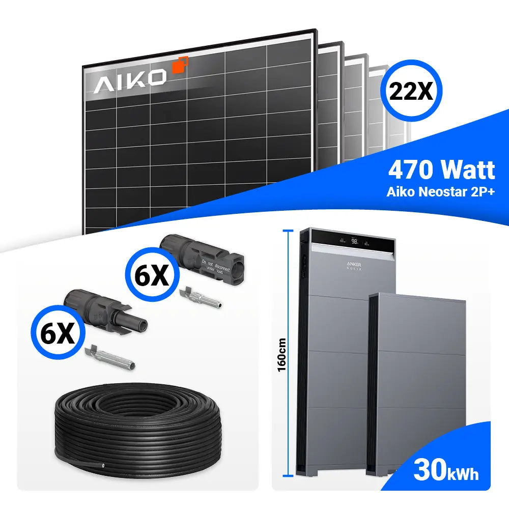 Photovoltaik Komplettpaket 10 kWp: 22x AIKO 470W Black Frame Solarpanels + Anker SOLIX X1-H10K-T – erweiterbar mit Speicher