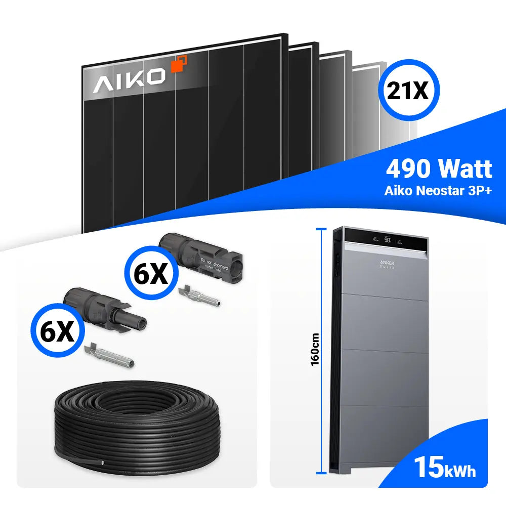 PV Komplettset 10 kWp mit 21 AIKO 490W Black Frame Modulen und Anker SOLIX X1-H10K-T, Speicher optional