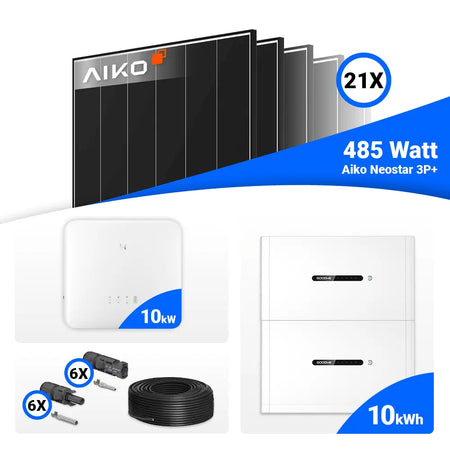 Solaranlage 10 kWp Set inklusive 21 AIKO 485W Black Frame Modulen und GoodWe GW10K-ET-20.