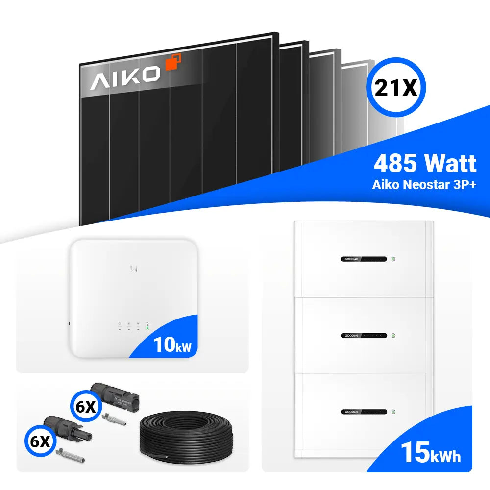 PV Anlage 10 kWp Komplettpaket mit AIKO 485W Black Frame Solarmodulen und GoodWe GW10K-ET-20 speicherfähig.