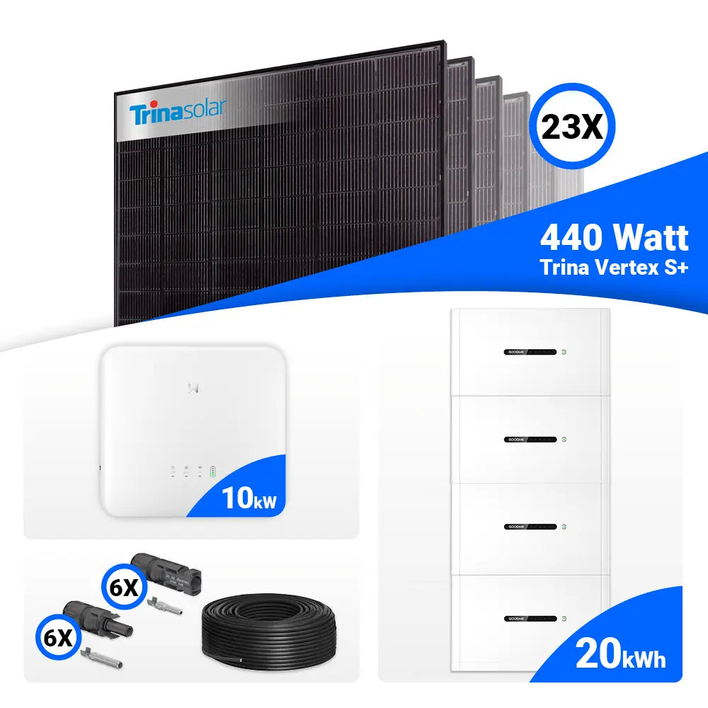 Photovoltaik-Komplettset 10 kWp mit 23 × Trina Solar Vertex S+ 440W Full Black Bifazial Modulen, GoodWe GW10K-ET-20 Hybridwechselrichter und 20 kWh GoodWe Lynx Home F Plus Speicher. Premium PV-Komplettanlage mit großem Stromspeicher für Eigenheime und Gewerbe – erhältlich bei SH24.