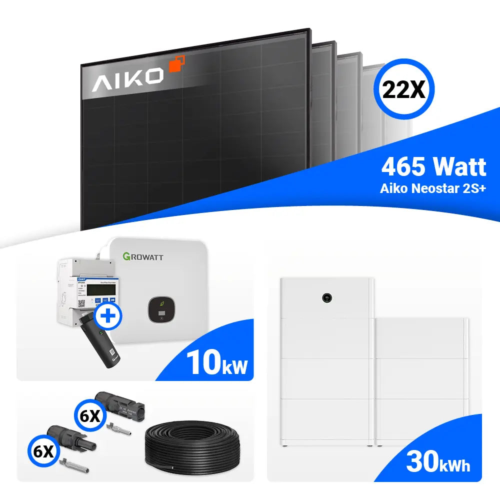 10 kWp Photovoltaik-Set mit 22 AIKO Neostar 2S+ 465W Full Black und Growatt MOD 10KTL3-XH BP 10kW Wechselrichter, Speicheroption.