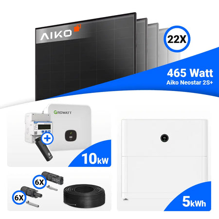 Solaranlagen-Set 10 kWp: 22 AIKO 465W Full Black Module plus Growatt MOD 10KTL3-XH BP, vorbereitet für Batteriespeicher.