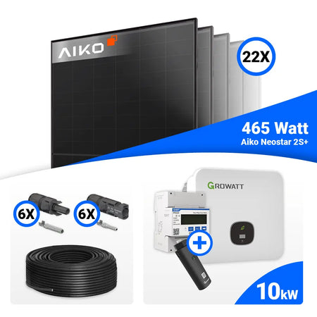 PV Komplettset 10 kWp mit 22x AIKO Neostar 2S+ 465W Full Black Solarmodulen und Growatt MOD 10KTL3-XH BP 10 kW Wechselrichter, Speicheroption möglich.