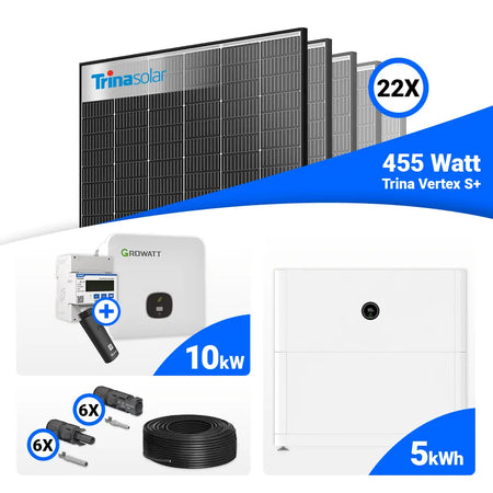 Solaranlagen-Set 10 kWp: 22 Trina 455W Black Frame Module plus Growatt MOD 10KTL3-XH BP, vorbereitet für Batteriespeicher.