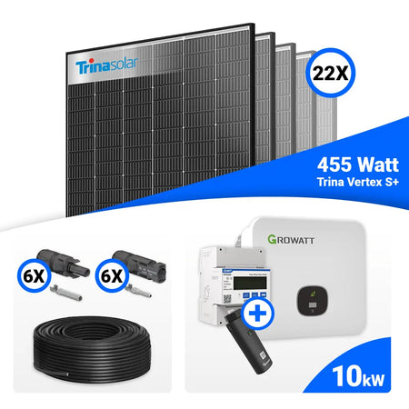 PV Komplettset 10 kWp mit 22x Trina 455W Black Frame Solarmodulen und Growatt MOD 10KTL3-XH BP 10 kW Wechselrichter, Speicheroption möglich.