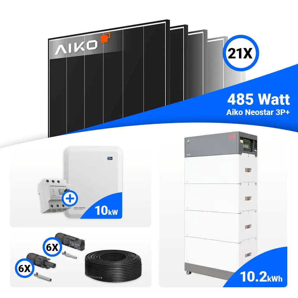 PV Anlage 10 kWp Komplettpaket mit AIKO 485W Black Frame Solarmodulen und SMA STP10.0-3SE-40 speicherfähig.