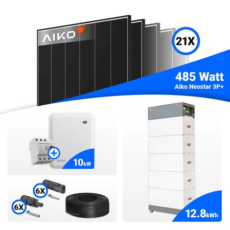 Photovoltaik Komplettsystem 10 kWp mit 21x AIKO 485W Black Frame und SMA STP10.0-3SE-40 mit Speicheranschluss.