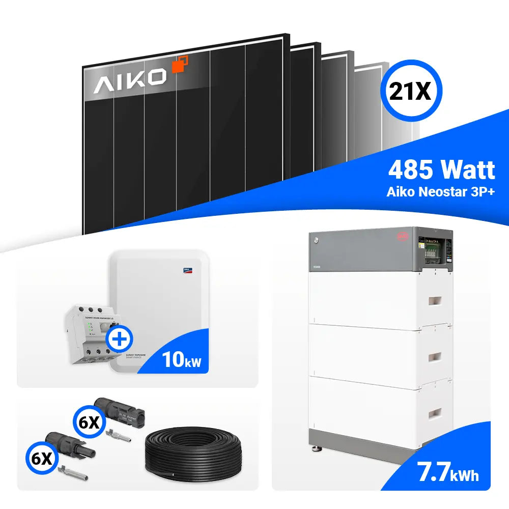 Solaranlage 10 kWp Set inklusive 21 AIKO 485W Black Frame Modulen und SMA STP10.0-3SE-40.