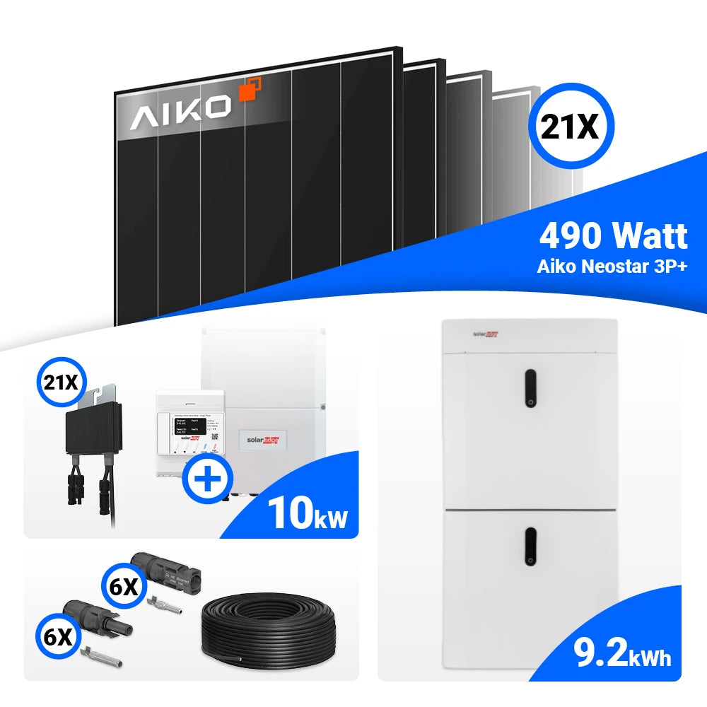 Solaranlage Komplettset 10 kWp für Eigenverbrauch: 21x AIKO 490W Black Frame Module & SolarEdge SE10K – Speicheroption