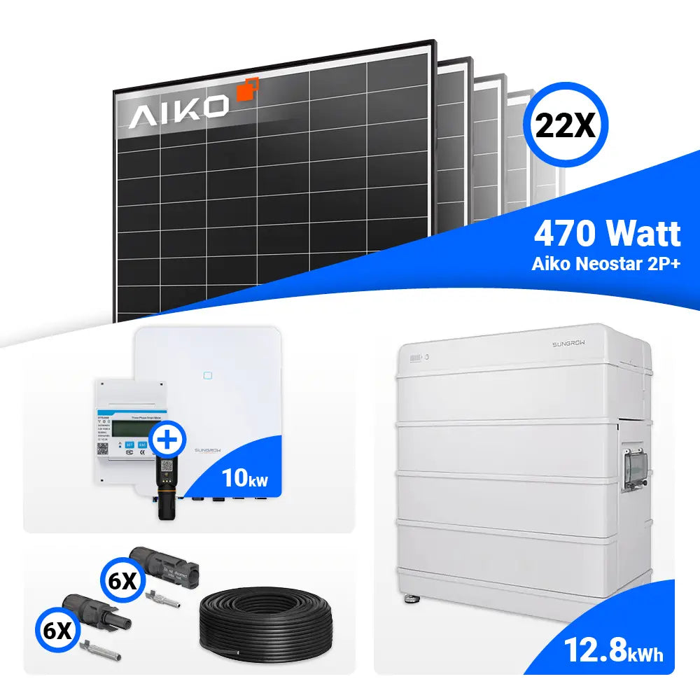 Solaranlage 10 kWp – AIKO 470W Module und Sungrow SH10.0RT-20, erweiterbar um passende Speicherlösungen.