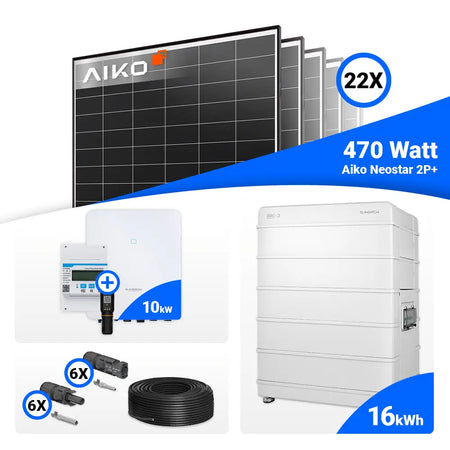PV-Set 10 kWp mit 22 AIKO 470W Panels und Sungrow SH10.0RT-20 – effiziente Stromerzeugung mit Speicheroption.