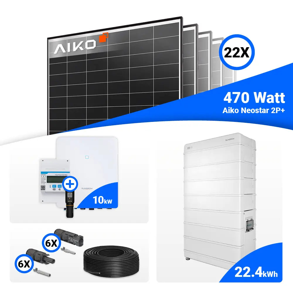 Photovoltaik Komplettset 10 kWp – AIKO 470W Black Frame und Sungrow SH10.0RT-20, speicherbereit.