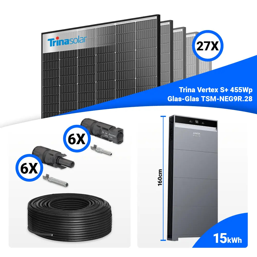 12 kWp Photovoltaik Komplettanlage (Hausdach): 27 Trina 455W Black Frame Module + Anker X1-H12K-T – Batteriespeicher nachrüstbar