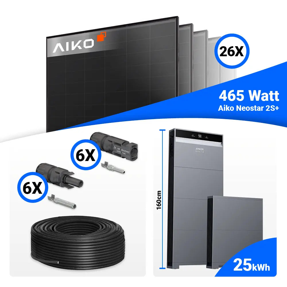 Photovoltaik Set 12 kWp mit 26 AIKO 465W Full Black und Anker X1-H12K-T Hybridwechselrichter