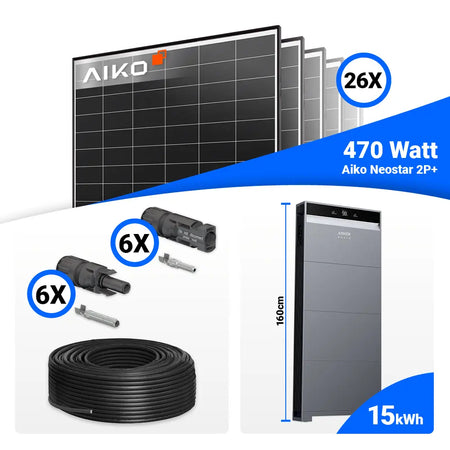 12 kWp Photovoltaik Komplettanlage fürs Hausdach: 26 AIKO 470W Black Frame Solarmodule + Anker X1-H12K-T – Batteriespeicher nachrüstbar