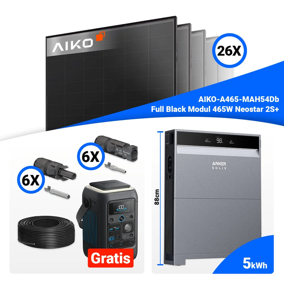 PV Komplettset 12 kWp – 26x Aiko 465W Full Black & Anker X1-H12K-T mit Speicheroption