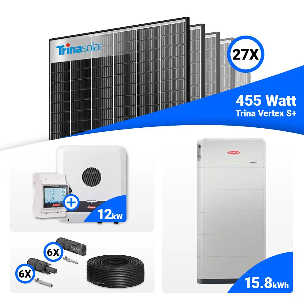 12 kWp Solarpaket: 27 Trina 455W Black Frame, Fronius SYMO-GEN24-12.0-PLUS-SC – vorbereitet für Batteriespeicher