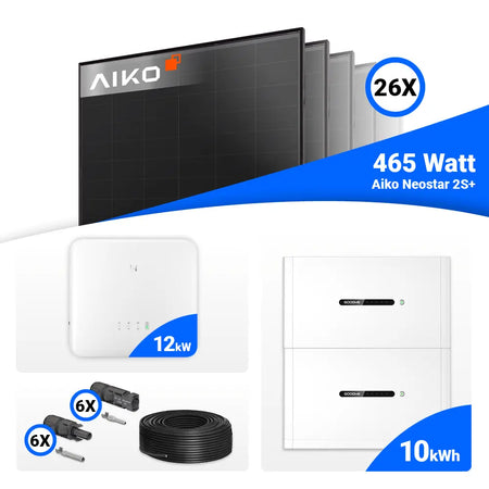 PV-Komplettset 12 kWp mit 26 × AIKO Neostar 2S+ Full Black Solarmodulen (465 W je Modul), GoodWe GW12K-ET-20 Hybridwechselrichter und 10 kWh GoodWe Lynx Home F Plus Batteriespeicher – erhältlich bei SH24.