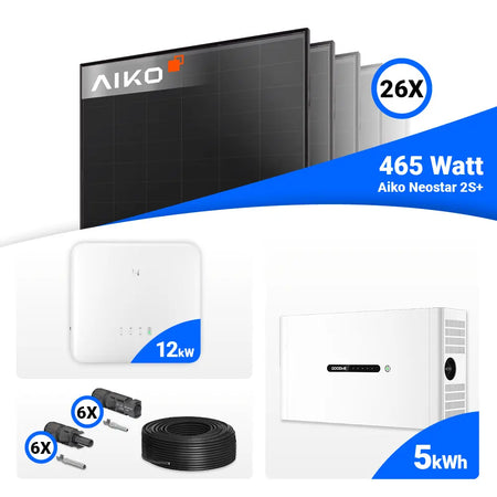 PV-Komplettset 12 kWp mit 26 × AIKO Neostar 2S+ Full Black Solarmodulen (465 W je Modul), GoodWe GW12K-ET-20 Hybridwechselrichter und 5 kWh GoodWe Lynx Home F Plus Batteriespeicher – erhältlich bei SH24.