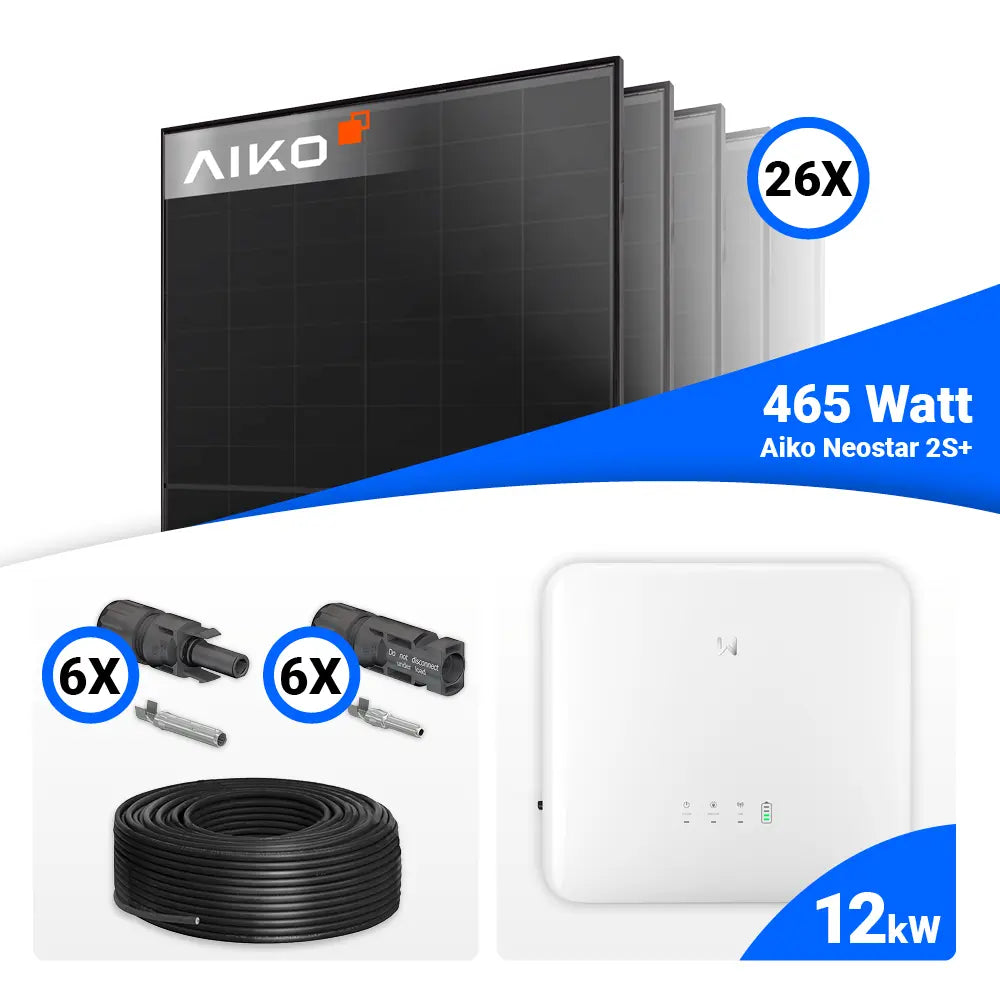 PV-Komplettset 12 kWp mit 26 × AIKO Neostar 2S+ Full Black Solarmodulen (465 W je Modul), GoodWe GW12K-ET-20 Hybridwechselrichter und passendem Verkabelungszubehör – erhältlich bei SH24.