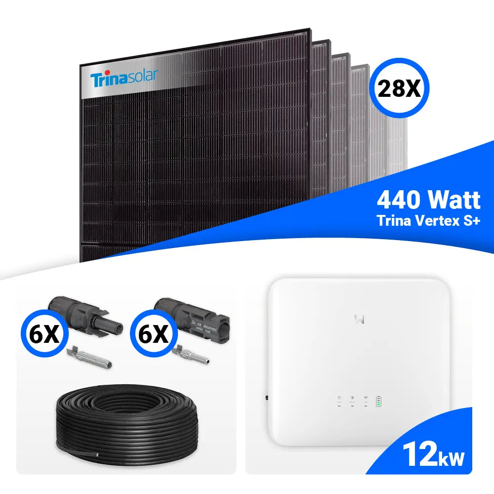 PV-Komplettset 12 kWp mit 28 × Trina Solar Vertex S+ Full Black Bifazial Modulen (440 W je Modul), GoodWe GW12K-ET-20 Hybridwechselrichter mit Speicheroption sowie passendem Verkabelungszubehör – erhältlich bei SH24.