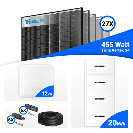 PV-Komplettset 12 kWp mit 27 × Trina Solar Vertex S+ Black Frame Modulen (455 W je Modul), GoodWe GW12K-ET-20 Hybridwechselrichter und 20 kWh GoodWe Lynx Home F Plus Batteriespeicher – erhältlich bei SH24.