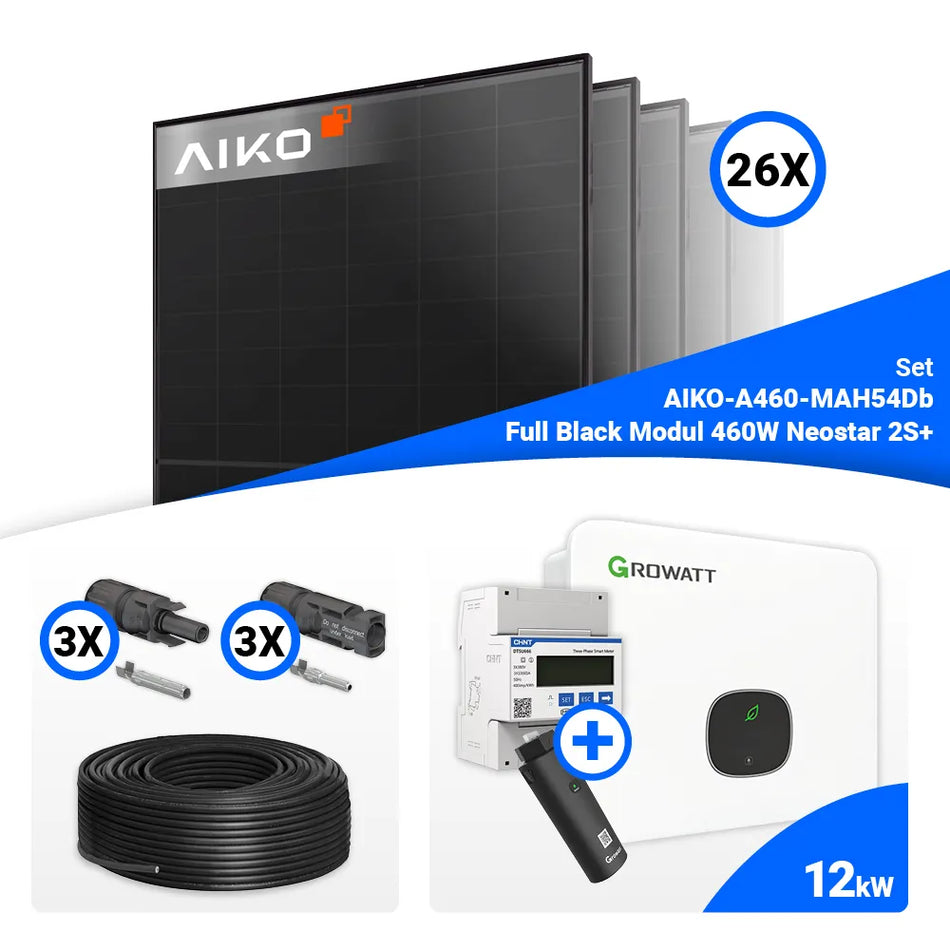 PV Komplettset 12 kWp – 26x Aiko 460W Full Black & Growatt MID12KTL3-XH mit Speicheroption