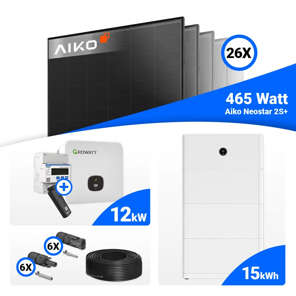Photovoltaik Komplettpaket 12 kWp – 26x AIKO 465W Full Black, Growatt MOD 12KTL3-HU 12 kW, speicherfähig.