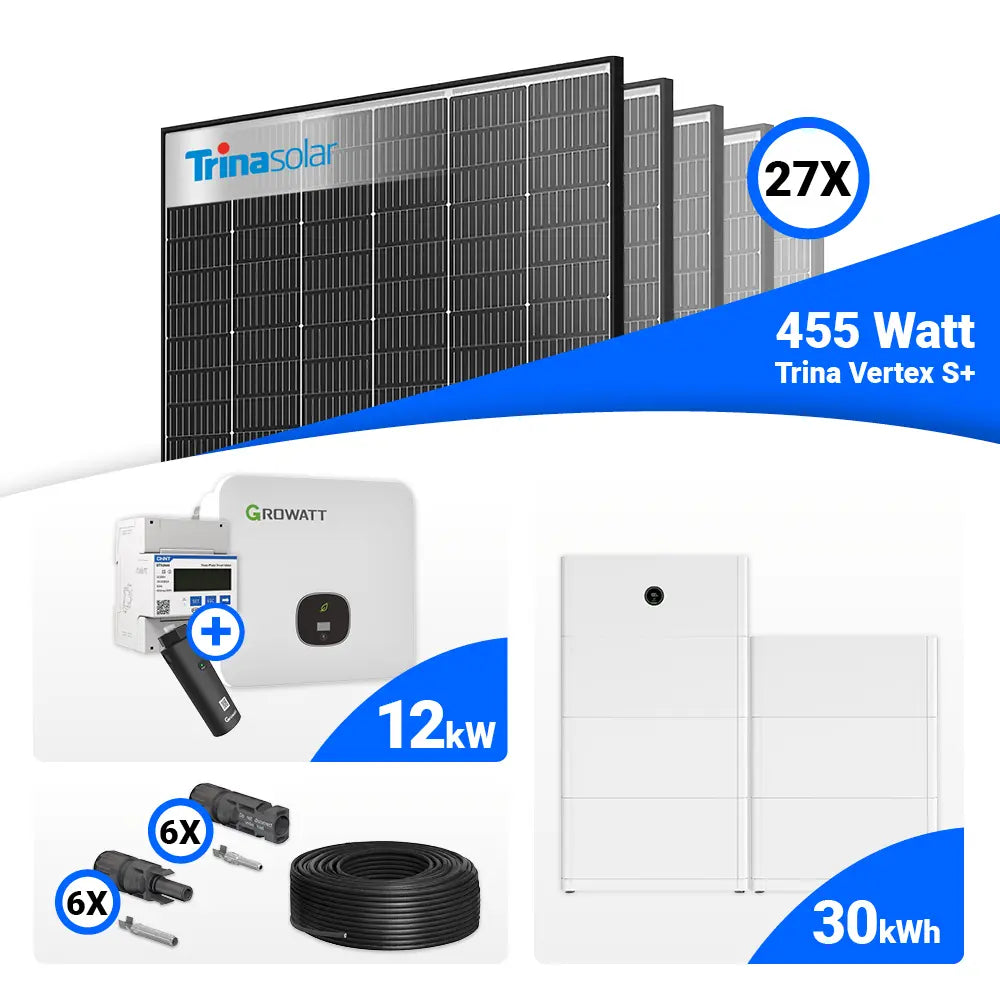 12 kWp Photovoltaik-Set mit 27 Trina 455W Modulen (Black Frame) und Growatt MOD 12KTL3-HU 12kW Wechselrichter, Speicheroption.