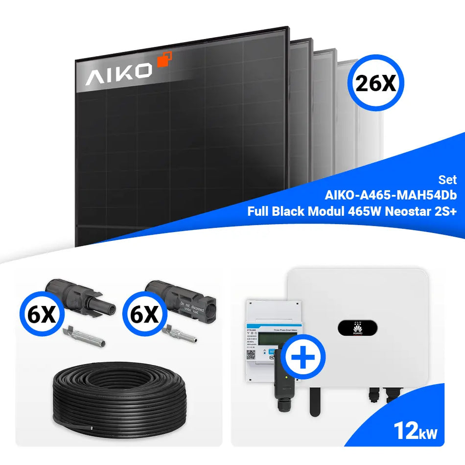 PV Komplettset 12 kWp – 26x Aiko 465W Full Black & Huawei SUN2000-12K-MB0 mit Speicheroption