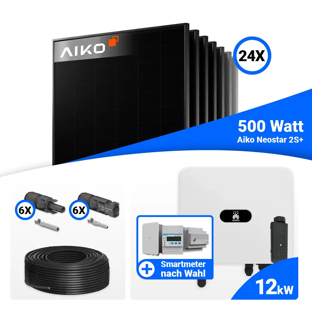 PV Komplettset 12 kWp mit AIKO 500W Full Black und Huawei SUN2000-12K-MB0