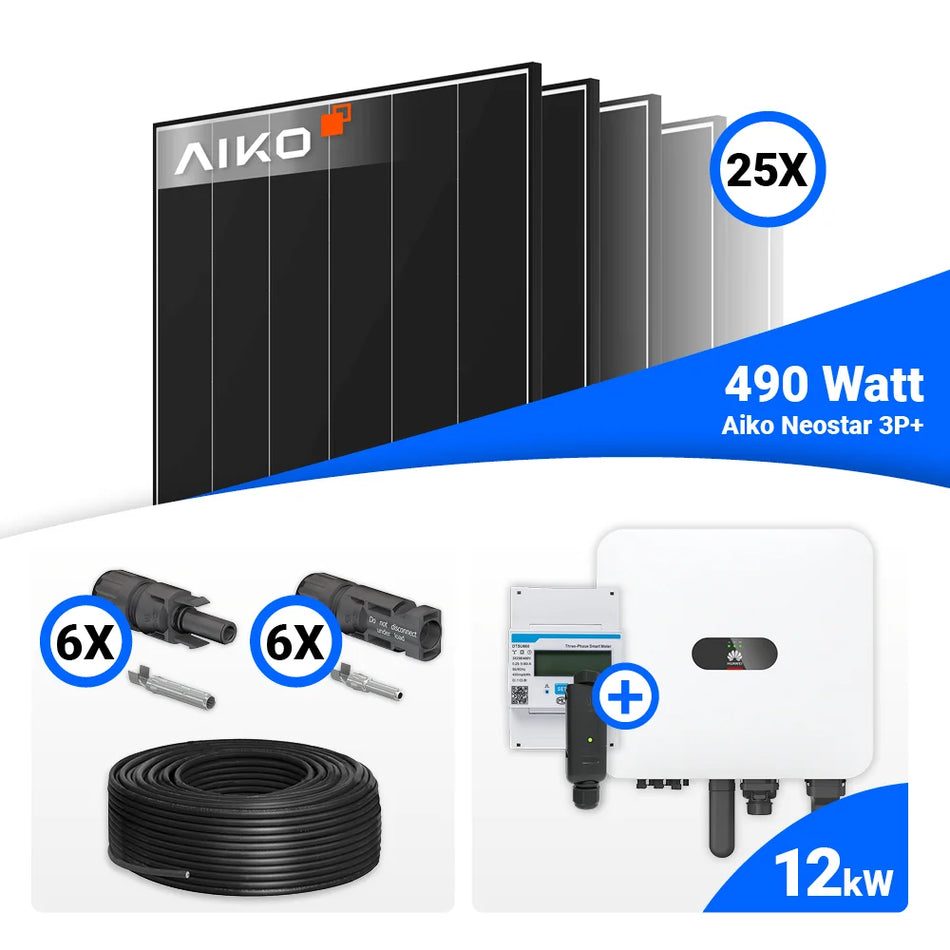 PV Komplettset 12 kWp – 25x AIKO 490W Black Frame & Huawei MAP0 mit Speicheroption