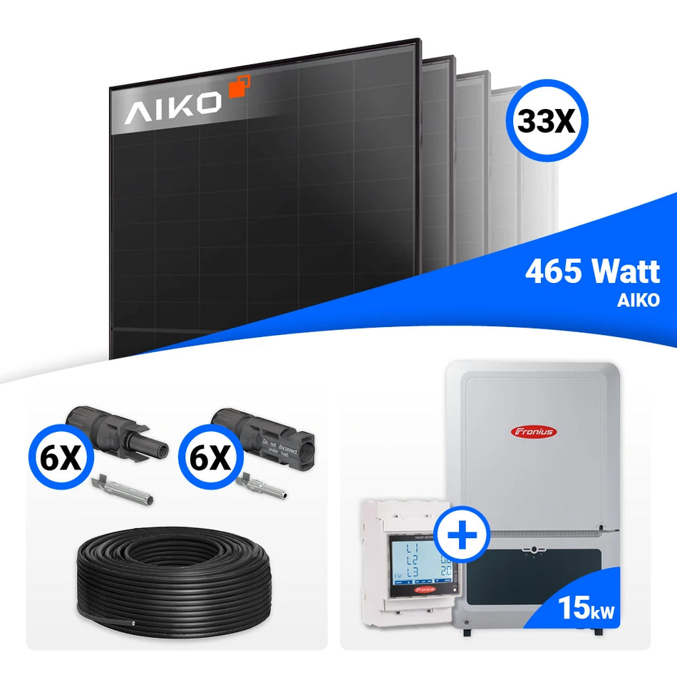 PV Komplettset 15 kWp – 33x AIKO 465W Full Black & Fronius Verto Plus 15.0 mit Speicheroption