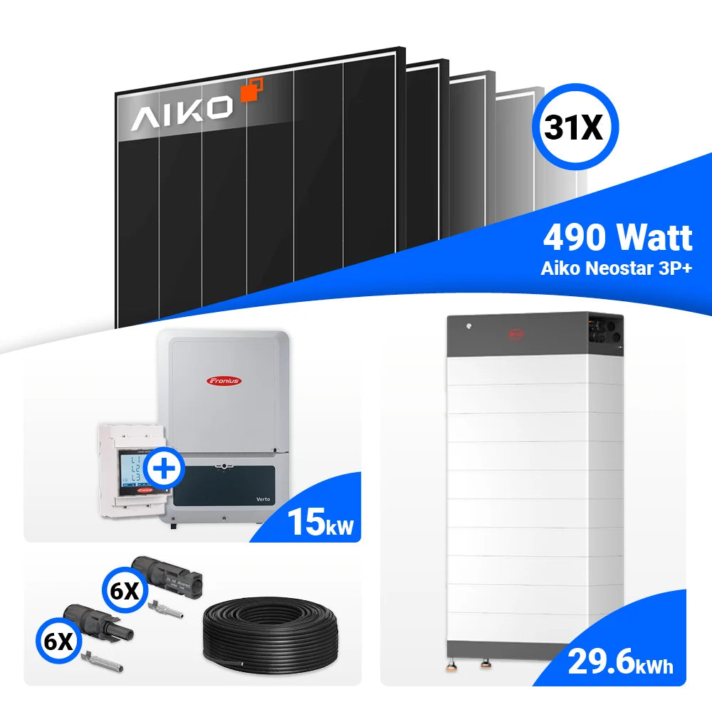 15 kWp Photovoltaik Komplettsystem – AIKO Black Frame Module und Fronius Speicherlösung