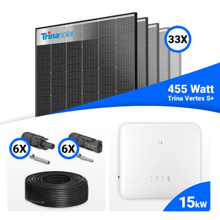 PV-Komplettset 15 kWp mit 33 × Trina Solar Vertex S+ 455W Black Frame Modulen und GoodWe GW15K-ET-20 Hybridwechselrichter. Hochleistungs-Solaranlage mit Komplettzubehör für Eigenstromversorgung – jetzt günstig bei SH24 kaufen.