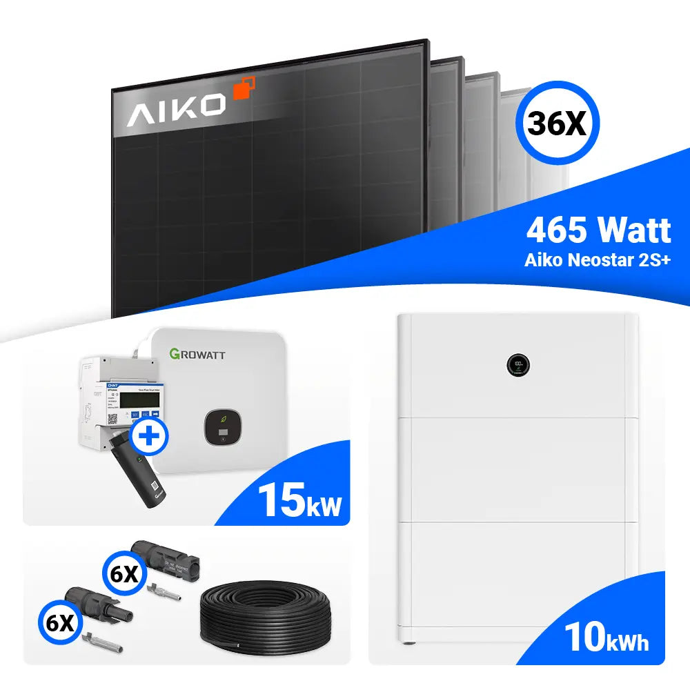 15 kWp PV-Set mit AIKO 465 Watt Full Black (36 Stück) und Growatt MOD 15KTL3-HU 15kW Hybrid-Wechselrichter, inkl. Speicheroption.