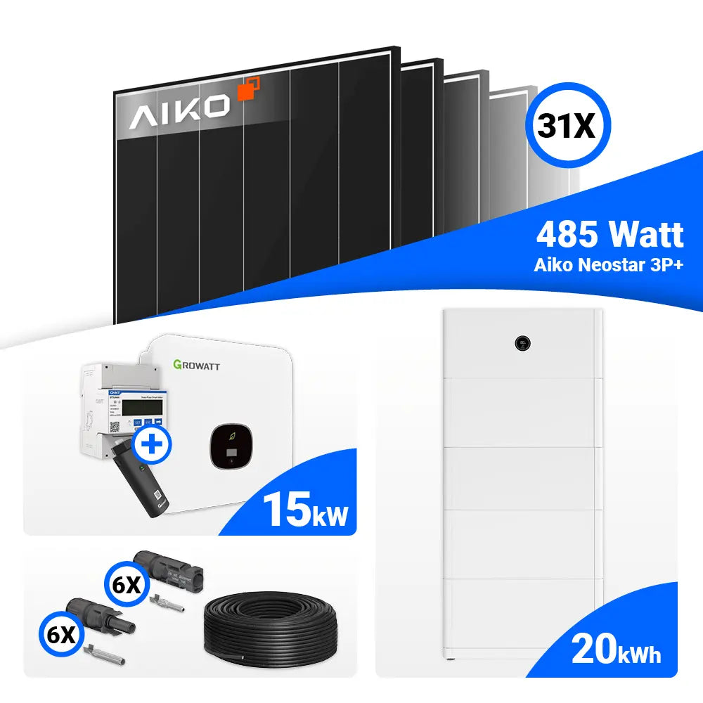 Photovoltaik Komplettsystem 15 kWp mit 31x AIKO 485W Black Frame und Growatt MOD 15KTL3-HU mit Speicheranschluss.